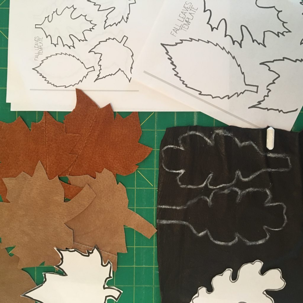 Fall leaf templates and leaves traced onto leather using chalk