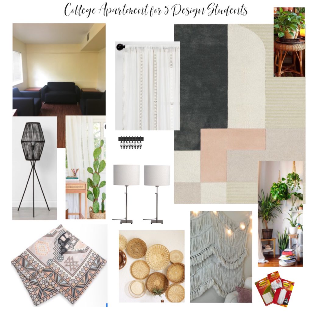 Design board showing college townhouse makeover elements