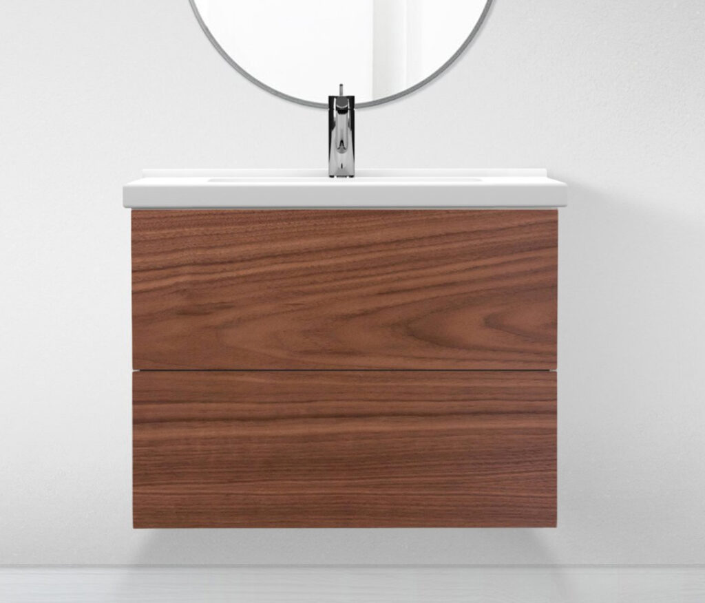 Wood grain vanity with white sink and silver tone mirror