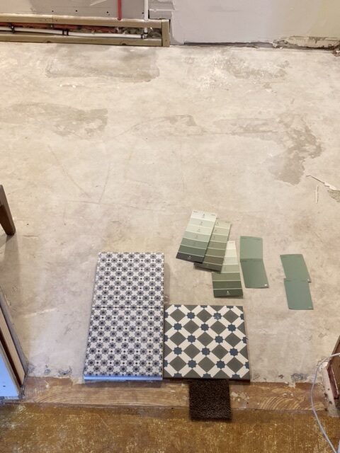 Sage and blue print floor tiles