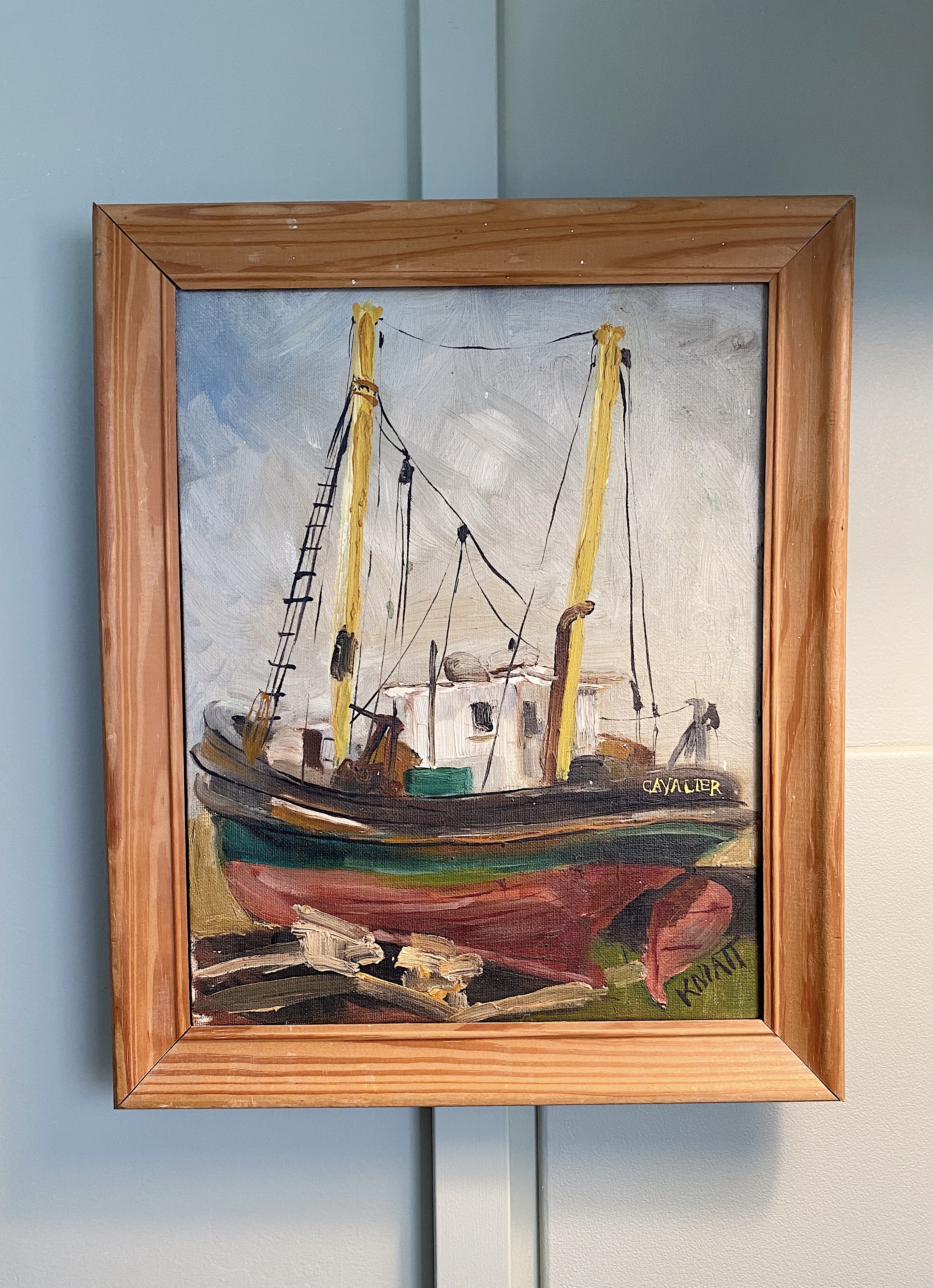 Vintage oil painting of ship at sea