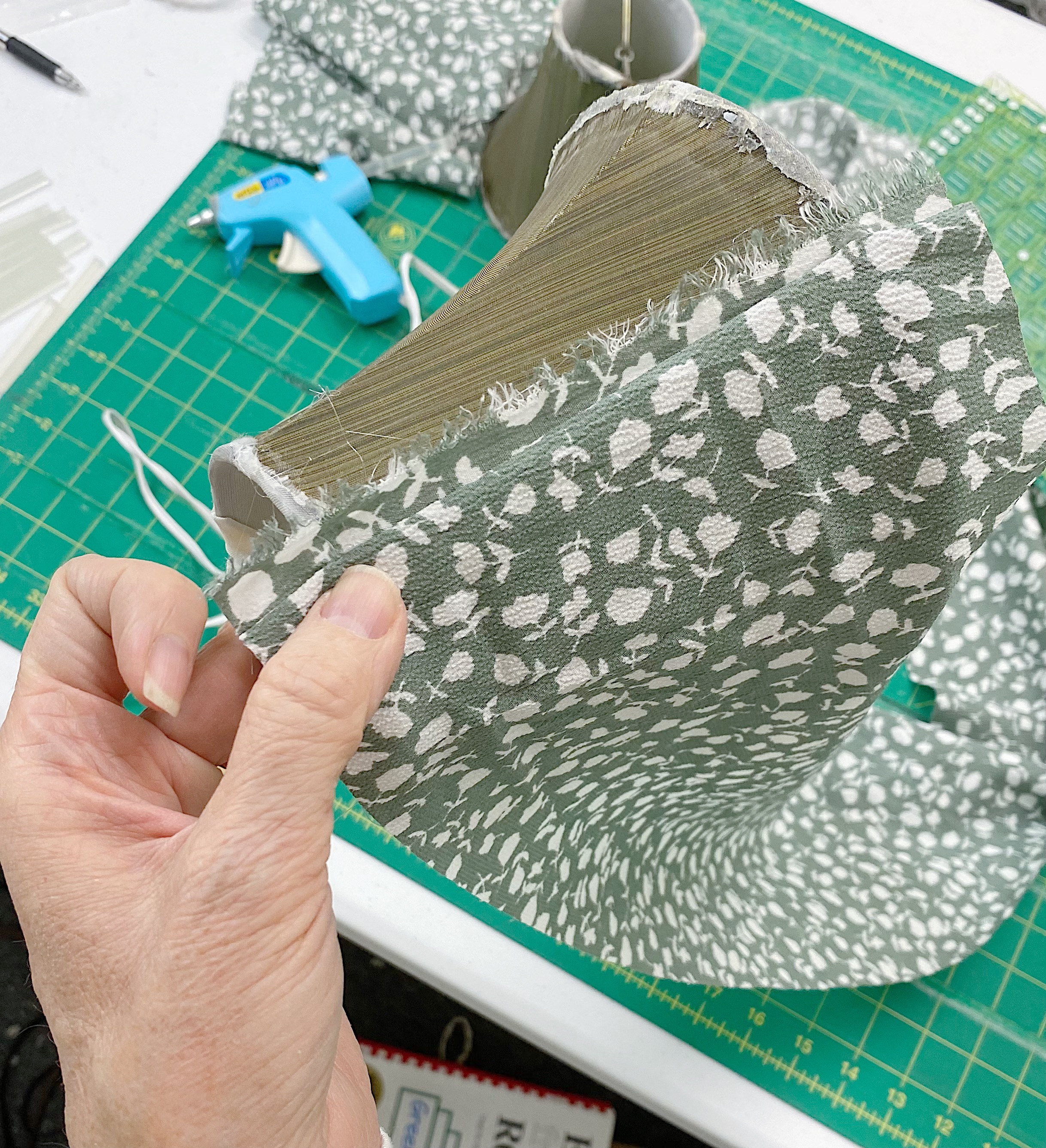 adding sage green print fabric to small lampshade