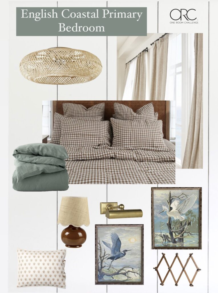 Design board for English coastal master bedroom with gingham brown check bedding and Sage green accents