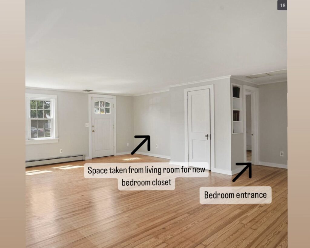 Cottage living with area designated to become master bedroom closet