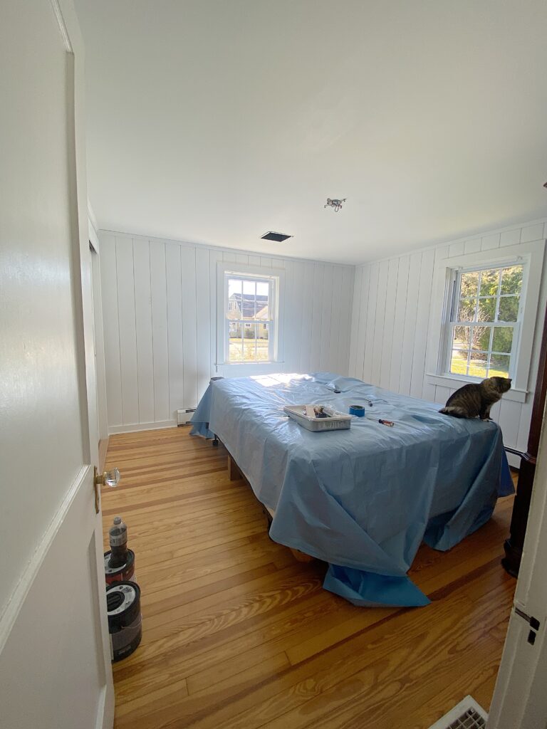 bedroom with old hardwood floors, vertical white shiplap walls, bed with cat
