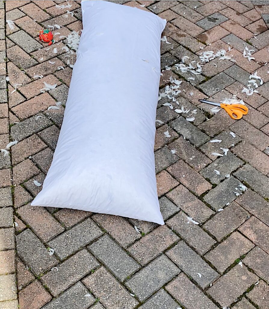 body pillow on ground with feathers